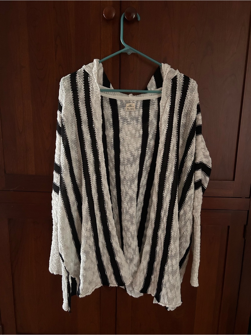 O'Neill Black & White Striped Hooded Open-Front Cardigan